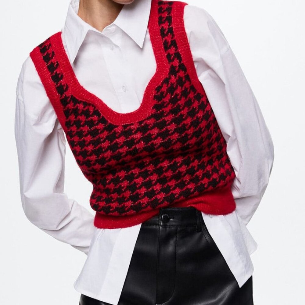 MANGO Women's Black & Red Houndstooth Sweater Vest Sleeveless Ribbed Hem